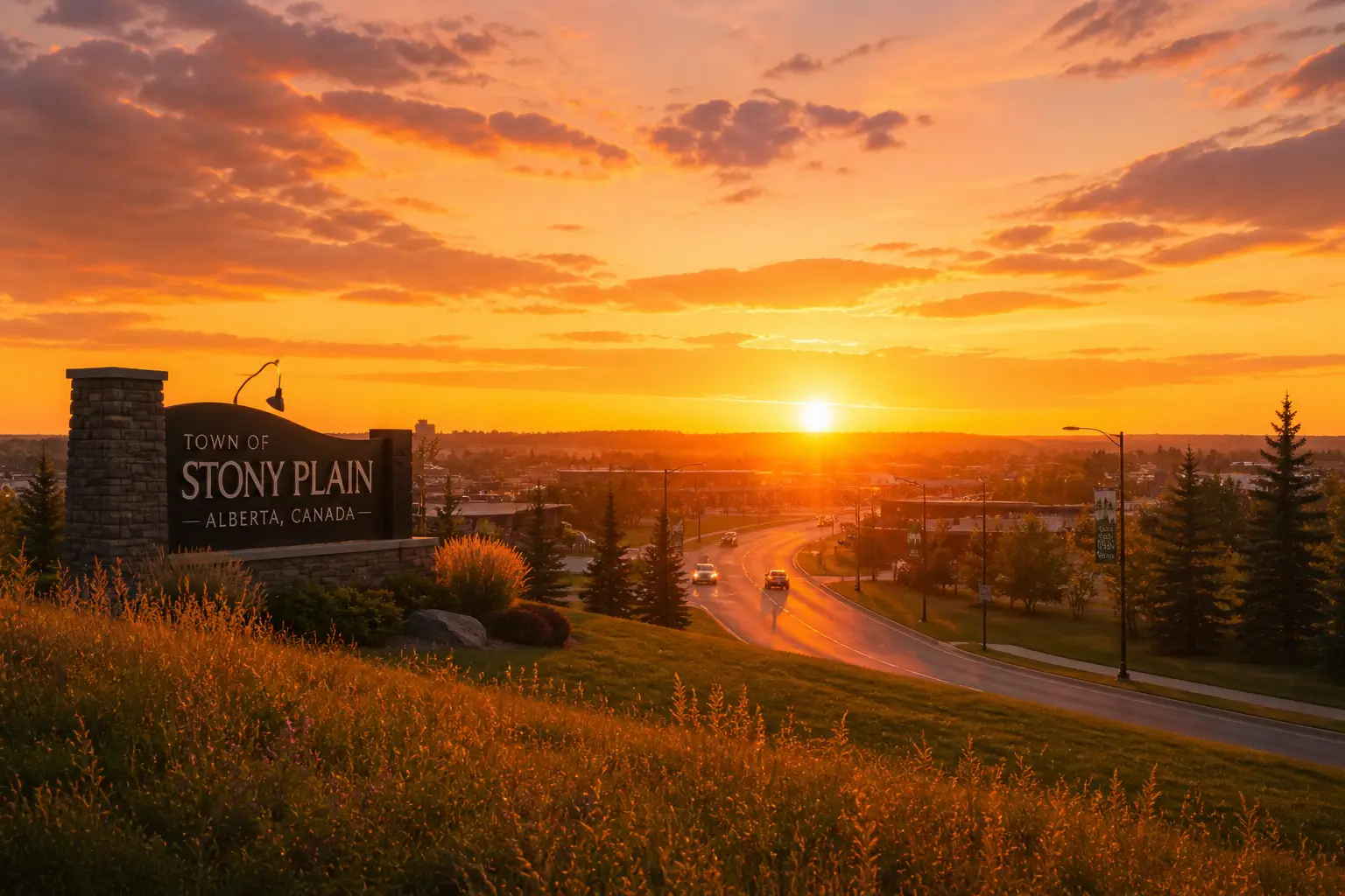 Town of Stony Plain welcome sign at golden sunset