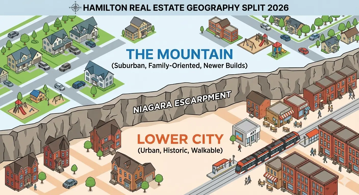 Infographic map illustrating the divide in Hamilton real estate between the suburban Mountain and urban Lower City