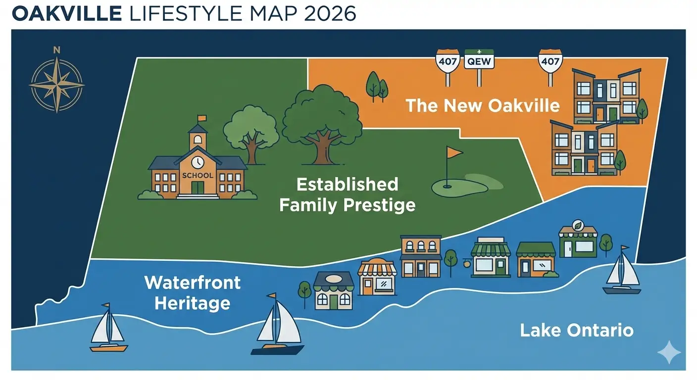 A stylized map of Oakville segmented into three colored zones for real estate investment.